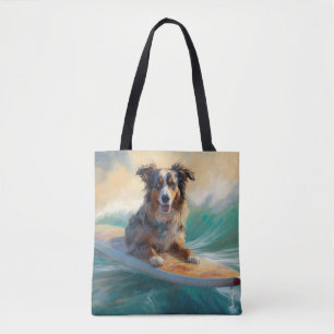 Tote Bag Australian Shepherd Beach Surfing Peinture