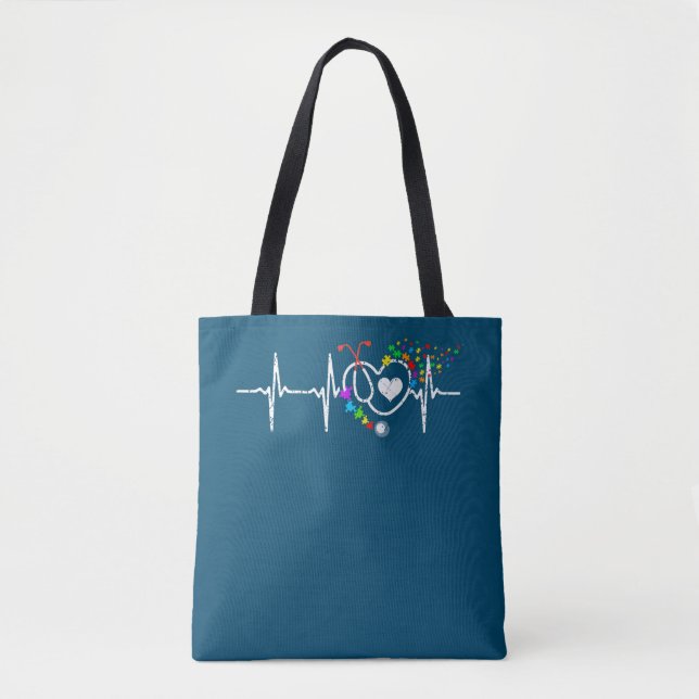 Tote Bag Autisme Infirmière Coeur Beat Puzzle Stethoscope (Devant)