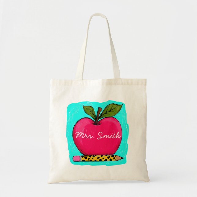 Tote Bag Autocollant de nom d'enseignant Apple Rose Prépa  (Devant)