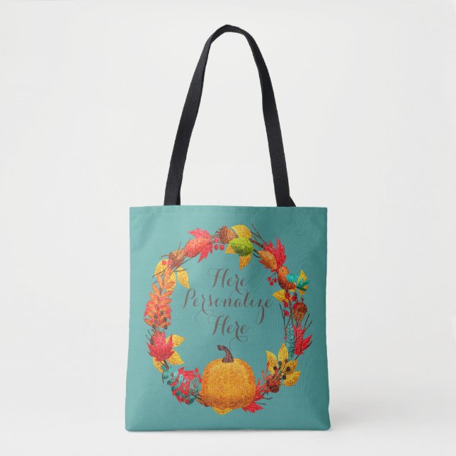 Tote Bag Automne citrouille automne feuille wreath turquois (Devant)