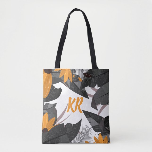 Tote Bag Automne Feuillage d'automne Gris orange Monogramme (Devant)
