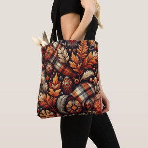 Tote Bag Automne Plaid Feuilles Orange Black Motif
