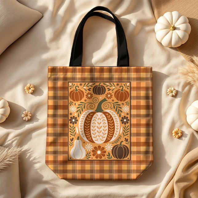 Tote Bag Autumn Gourds Folk Art sur Brown Plaid (Créateur téléchargé)