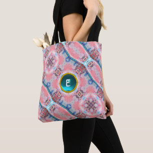 TOTE BAG AVALON, MONOGRAMME DE GEM BLEU AQUA ROSE ABSTRAITE