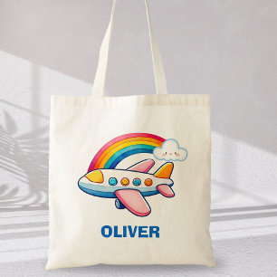 Tote Bag Avion de ligne passager fantaisiste avec arc-en-ci