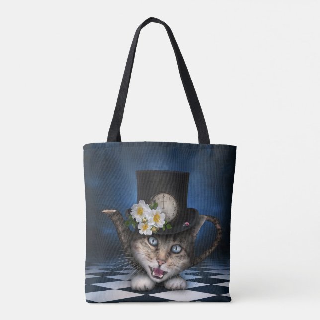 Tote Bag Awesome Mad Hatter Teapot Chat Conception Whimsica (Dos)