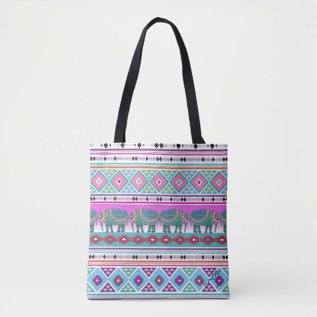 Tote Bag Aztec Elephants Motif tribal, Cool (Devant)