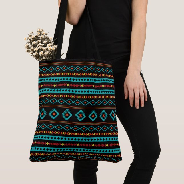 Tote Bag Aztec Turquoise Reds Yellow Black Motifs mixtes Mo (De près)
