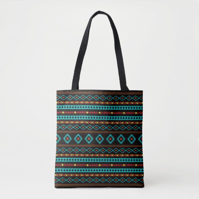 Tote Bag Aztec Turquoise Rouges Jaune Noir Mixte Motifs Mot (Devant)