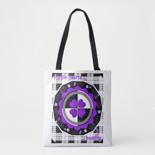 Tote Bag B&W Purple Hearts Beating (Devant)