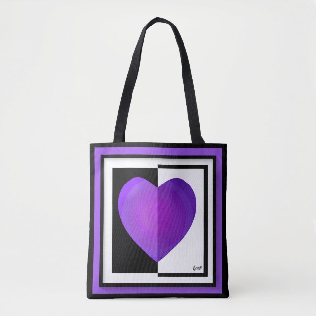 Tote Bag B&W Purple Hearts Beating (Devant)