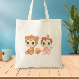 Tote Bag Baby Girl Twins Bear Jumpsuit