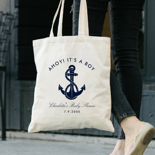 Tote Bag Baby shower d'Ancre bleu marine Personnalisé (Nautical Anchor Boy Baby Shower Tote Bag)