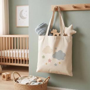 Tote Bag Baby Shower Nuages Pastels et Étoiles
