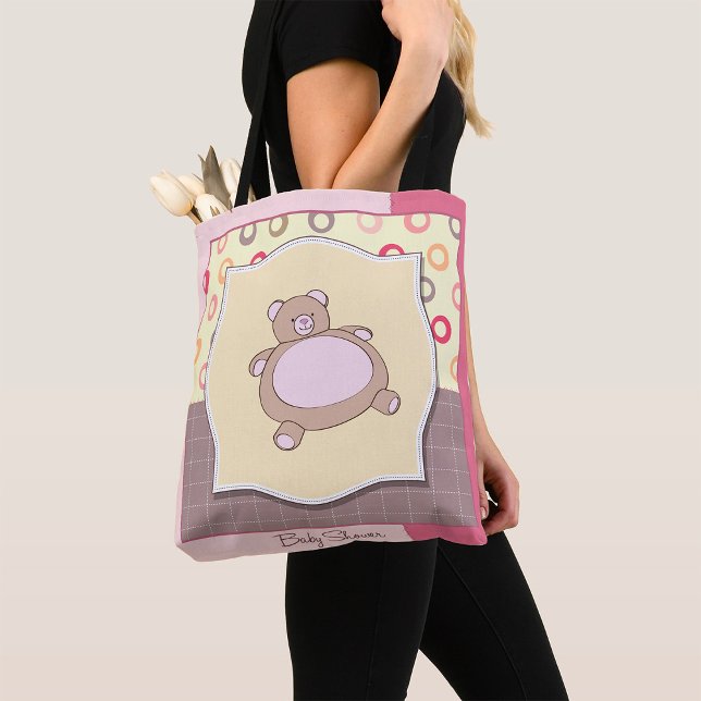 Tote Bag Baby shower ours en peluche avec cercles rétro (Créateur téléchargé)