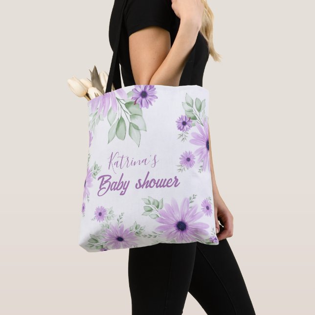 Tote Bag Baby shower personnalisé de fleurs d'aquarelle vio (De près)