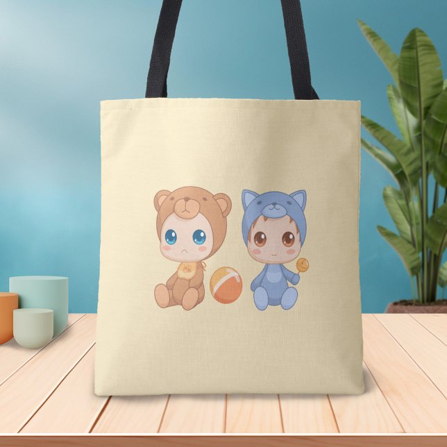 Tote Bag Baby Twins Bear Chat Jumpsuit sur Jaune (Créateur téléchargé)