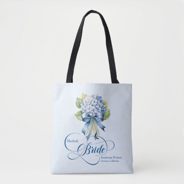 Tote Bag Bachelorette de la mariée Blue Hydrangea Bouquet (Devant)