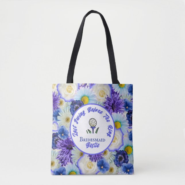 Tote Bag Bachelorette Party Golfing Fleurs bleues et blanch (Devant)