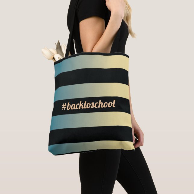Tote Bag "#backtoschool"enseignant d'or bleu et de rayures  (De près)