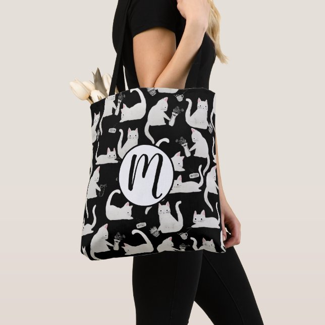 Tote Bag Bad Cats Knocking Stuff Over, White Cats on Black (De près)