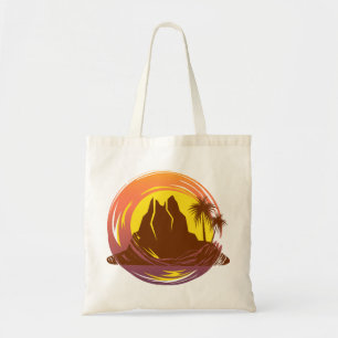 Tote Bag Badge avec paysage volcanique tropical et palmiers