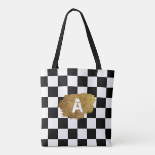 Tote Bag Badge d'or aux échecs noir et blanc Monogramme