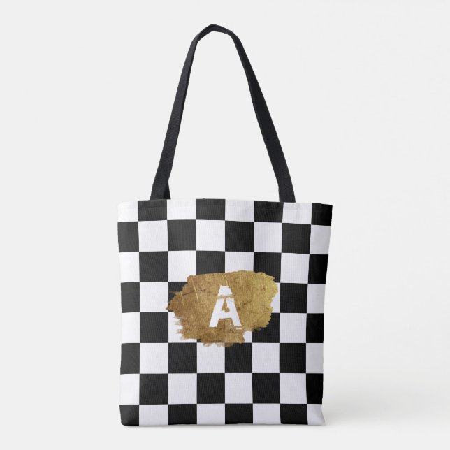 Tote Bag Badge d'or aux échecs noir et blanc Monogramme (Dos)