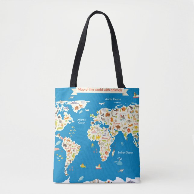 Tote Bag Badine la carte du monde avec des animaux (Devant)
