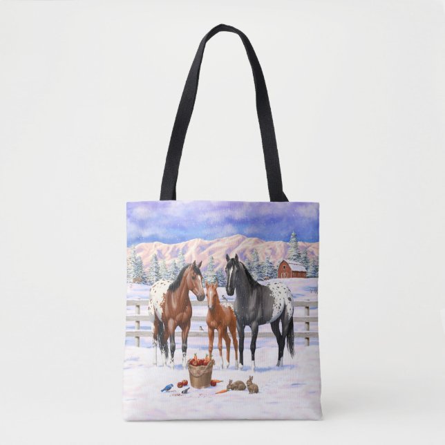 Tote Bag Baie Châtaignes Grulla Appaloosa Chevaux En Neige (Devant)