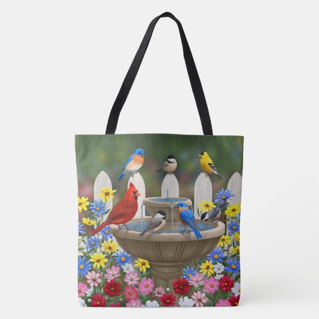 Tote Bag Bain d'oiseaux coloré du jardin de printemps (Devant)