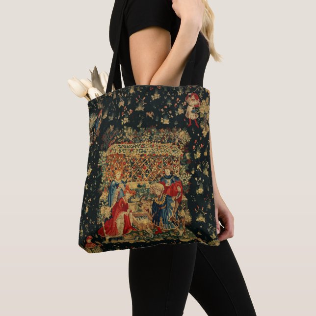 Tote Bag BAIN FALCONS BAIN Bleu Rouge Tapisserie médiévale  (De près)