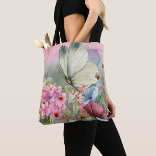 Tote Bag Baisers aux papillons colorés entre Fleurs sauvage