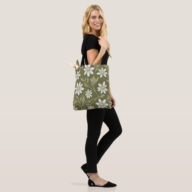 Tote Bag Baisson blanc tropical sur vert olive Élégant (Sur le modèle)