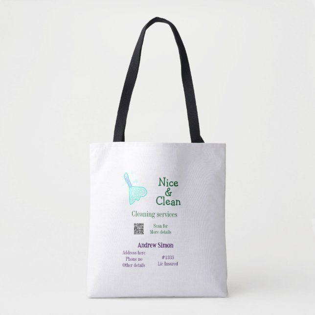 Tote Bag Balai nettoyant vert bleu gitter ajouter nom adres (Devant)
