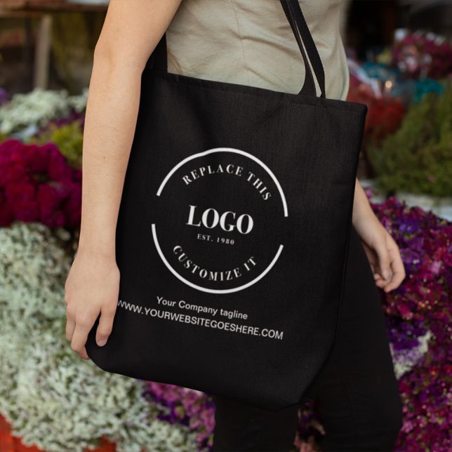 Tote Bag Balise de site Web de logo blanc de grande entrepr (Customizable business white logo, website and text black tote bag.)