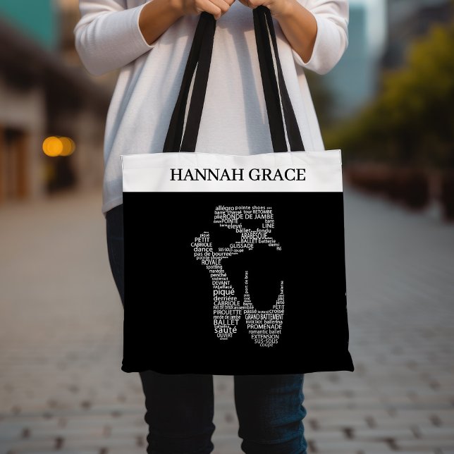 Tote Bag Ballet Pointe Chaussure Typographie noir et blanc (Créateur téléchargé)