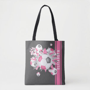 Tote Bag Ballons de football gris rose stars filles nom