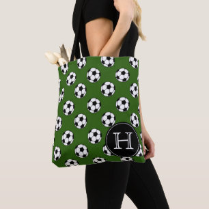 Tote Bag Ballons de football noirs et blancs sur monogramme
