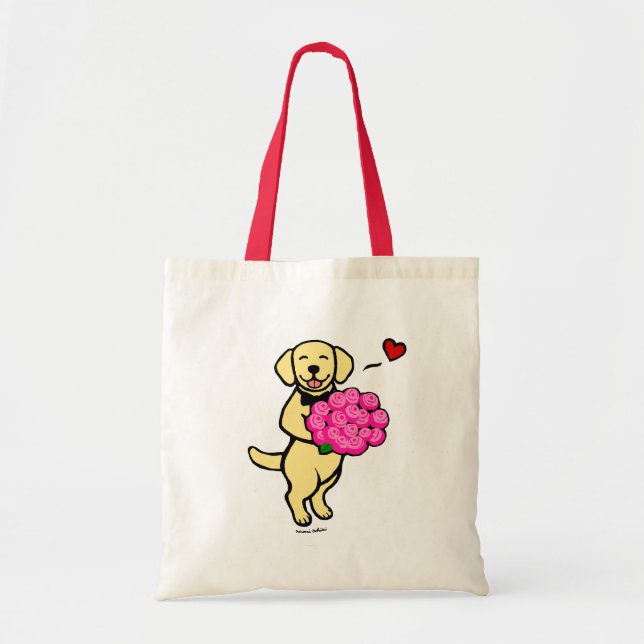 Tote Bag Bande dessinée jaune de Labrador avec des roses (Devant)
