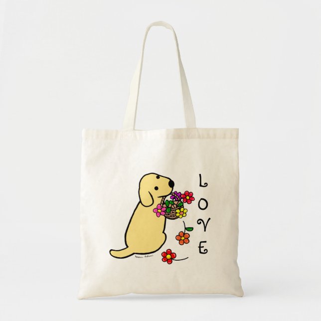 Tote Bag Bande dessinée jaune de panier de fleur de chiot (Devant)