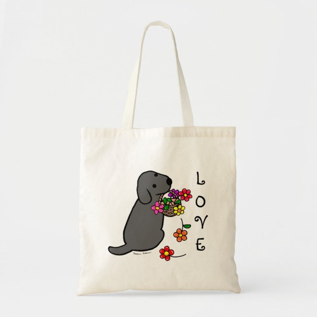Tote Bag Bande dessinée noire de panier de fleur de chiot (Devant)