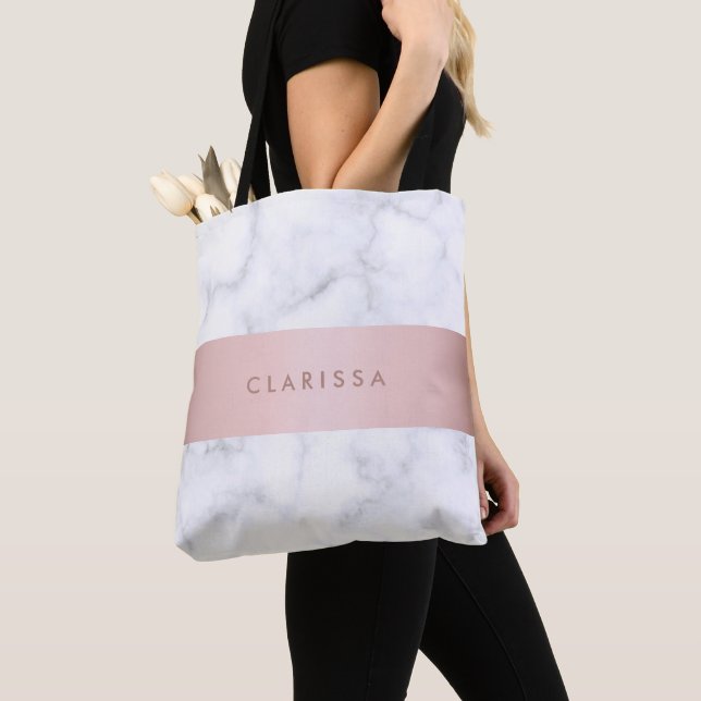 Tote Bag bande rose de faux d'or de marbre blanc élégant (De près)