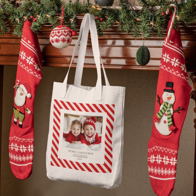 Tote Bag "Bande rouge avec photo Joyeux Noël et nom (Créateur téléchargé)