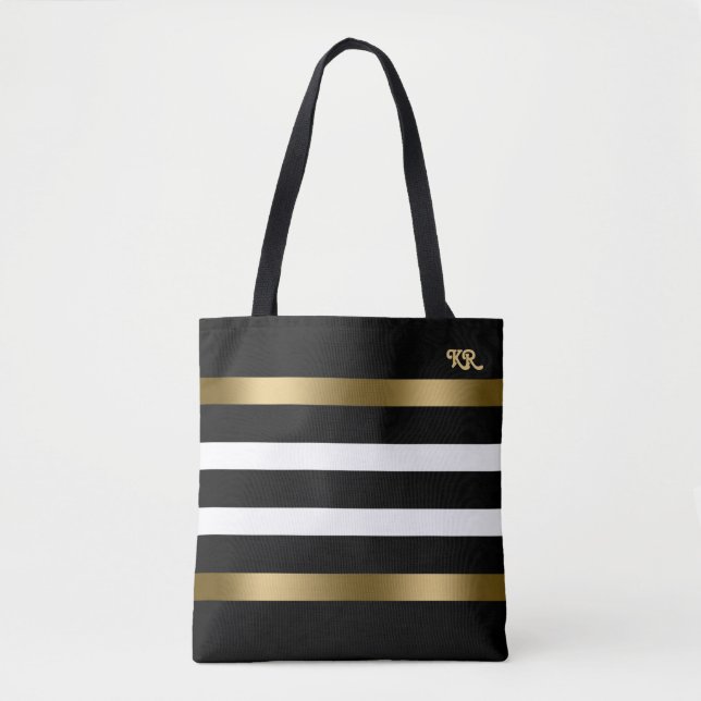 Tote Bag Bandes blanches et noires Accents or motif (Devant)