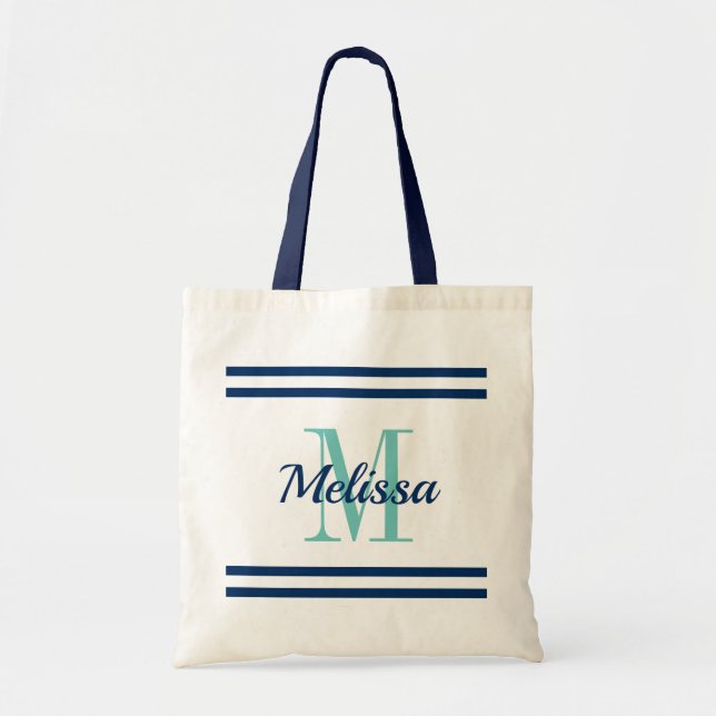 Tote Bag Bandes bleu marine marine élégant monogramme perso (Devant)