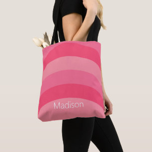 Tote Bag Bandes courbes simples roses et blanches avec nom