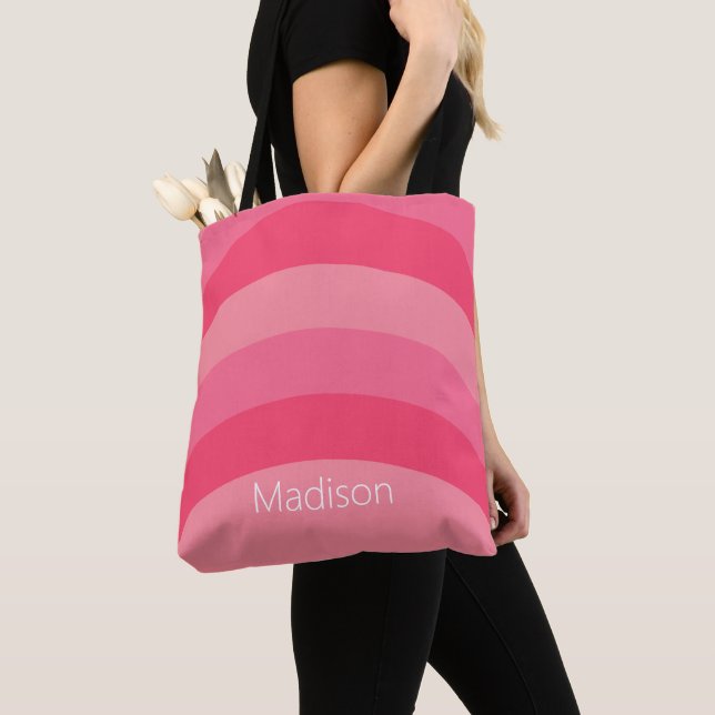 Tote Bag Bandes courbes simples roses et blanches avec nom (De près)