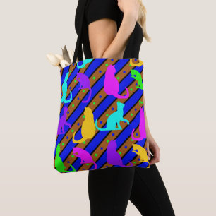 Tote Bag Bandes de chats colorés et art animal à petits poi