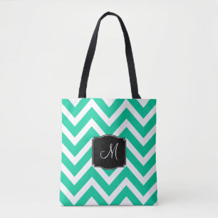 Tote Bag Bandes de Chevron Turquoise et Blanc avec Monogram